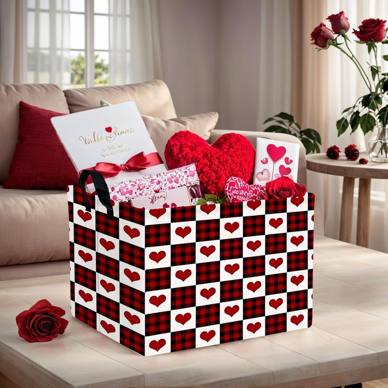 SETAMA Cute Large Valentine's Day Gift Basket Empty Heart Decor Storage Bin for Kid Baby Room Décor (Deep Red Black Grid) - Image 2